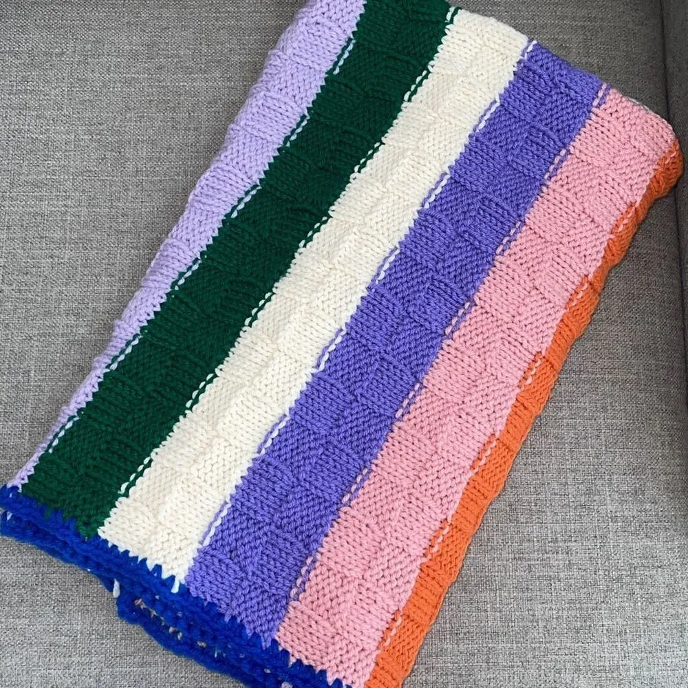 Handmade Multicolor Basketweave Knit Stitch Square Granny Baby Throw Blanket 36”